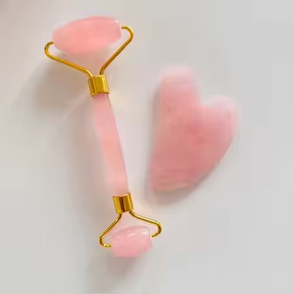 Rose Quartz Natural Crystal Face Massager Gua Sha and Jade Roller Set