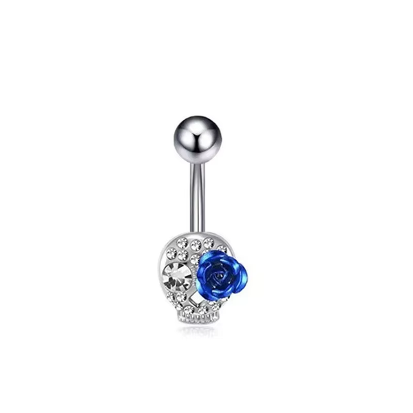 Blue Skull And Rose Belly Ring Stainless Steel