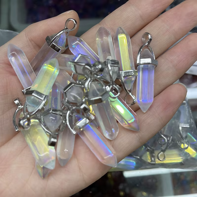 Natural Crystal Stone Crystal Bullet Hexagonal Pendulum Necklace