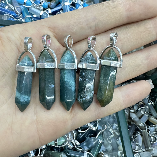 Natural Agate Stone Crystal Bullet Hexagonal Pendulum Necklace