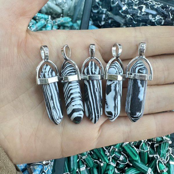 Natural Zebra Stone Crystal Bullet Hexagonal Pendulum Necklace