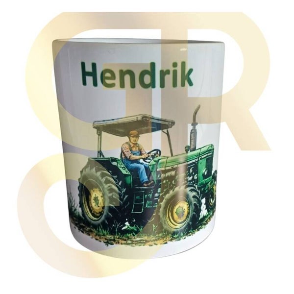 Naam mok met een Groene  tractor en Boer