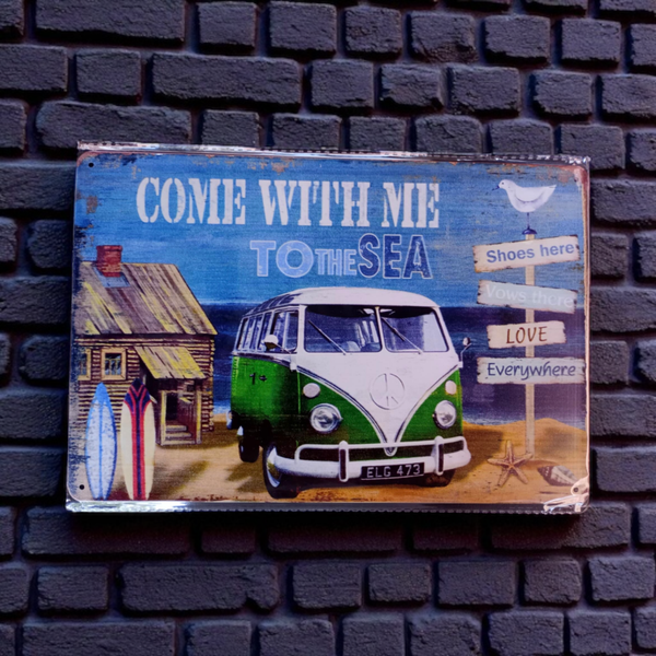 Metaal bord VW come to the sea