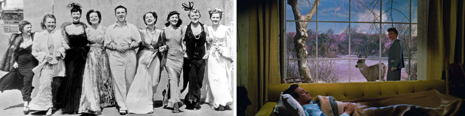 A gauche : George Cukor entouré des actrices de son film The Women (1939) A droite : photogramme du film Tout ce que le ciel permet de Douglas Sirk (1955)