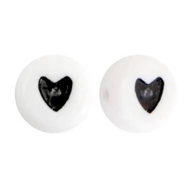 Acryl hartjes kraal 6x3mm wit - zwart