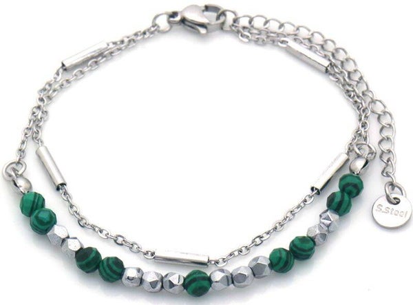 Stainless steel armband zilver met groene bolletjes.