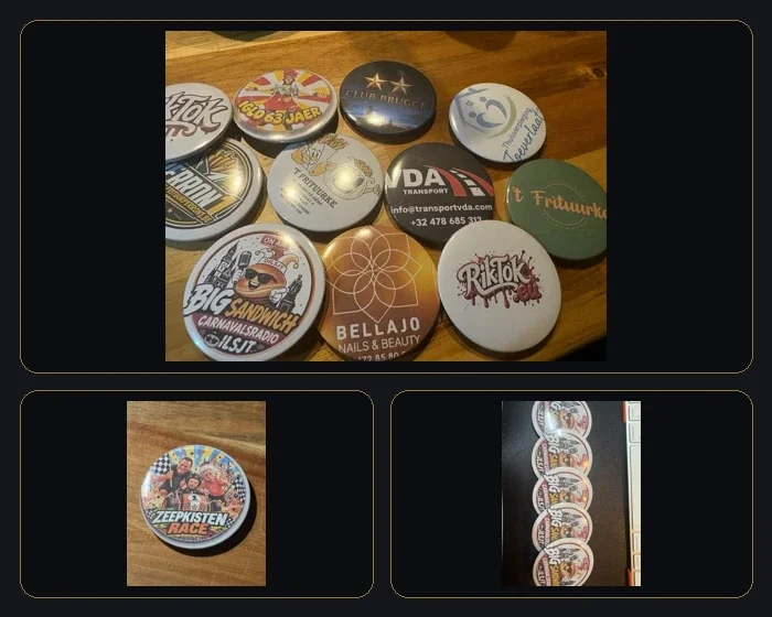 Compositie met originele RikTok-buttons: groepsfoto, Zeepkistenrace en Big Sandwich