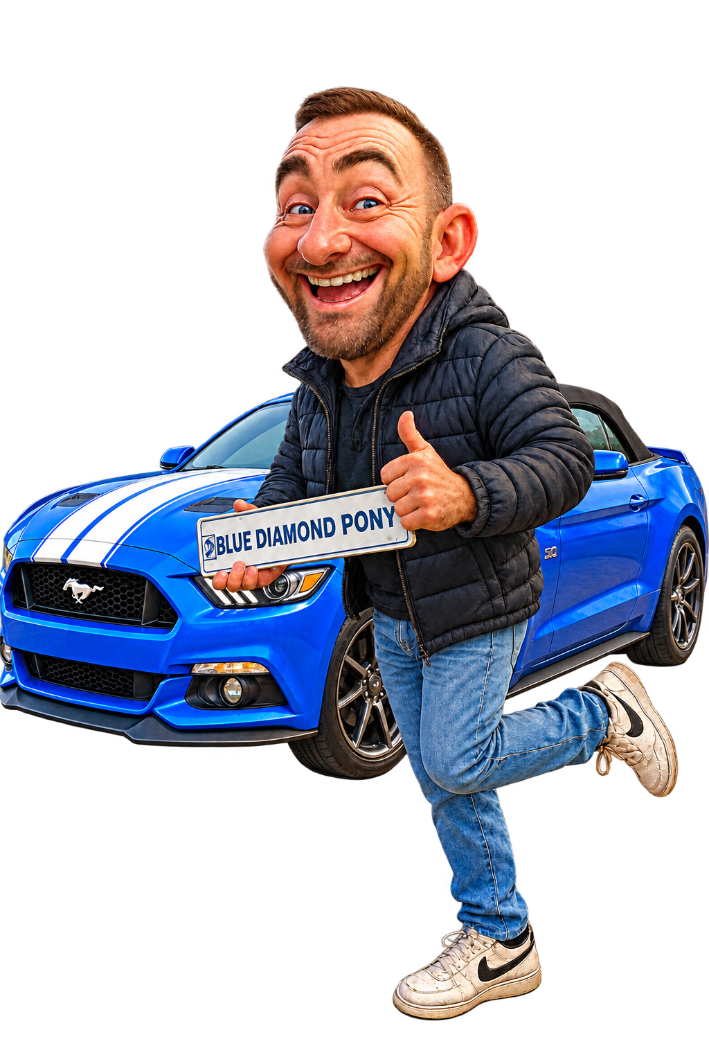 Karikatuur van Igor Vangelder met zijn blauwe en witte Mustang, Blue Diamond Pony