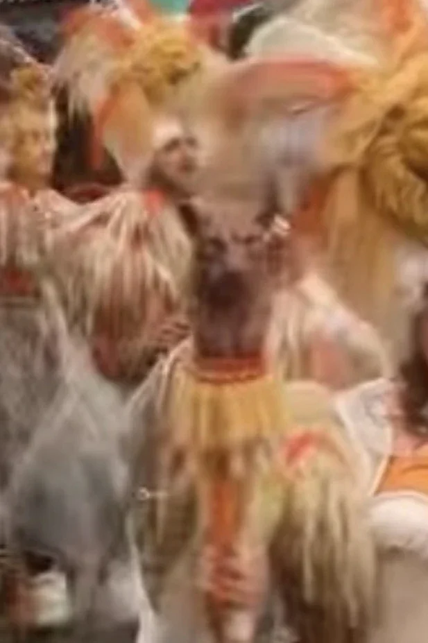 Detail van een kleurrijke junglekostuum