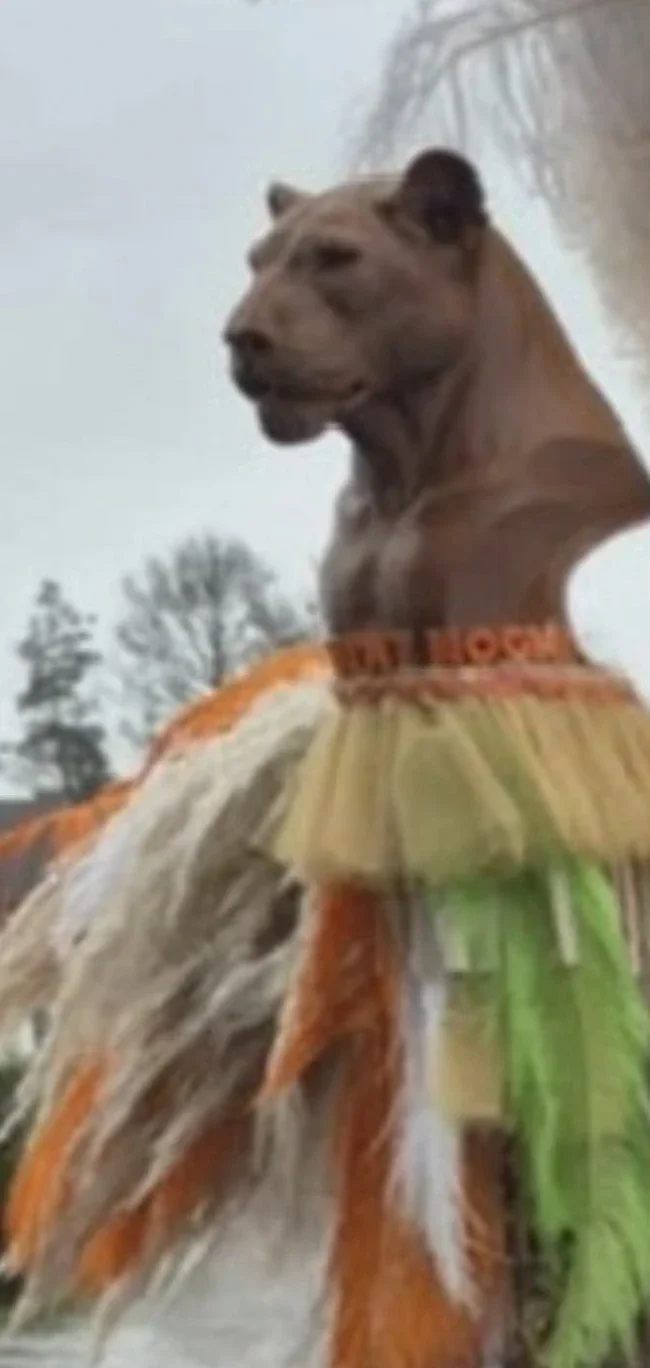 Leeuwenfiguur boven een carnavalskostuum