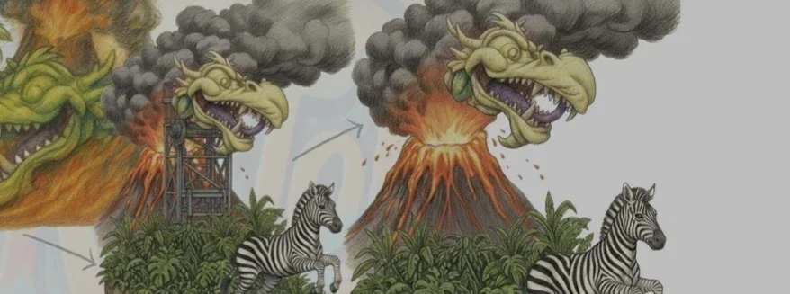 Wagenontwerp met jungle, vulkaan, exotische dieren en draak