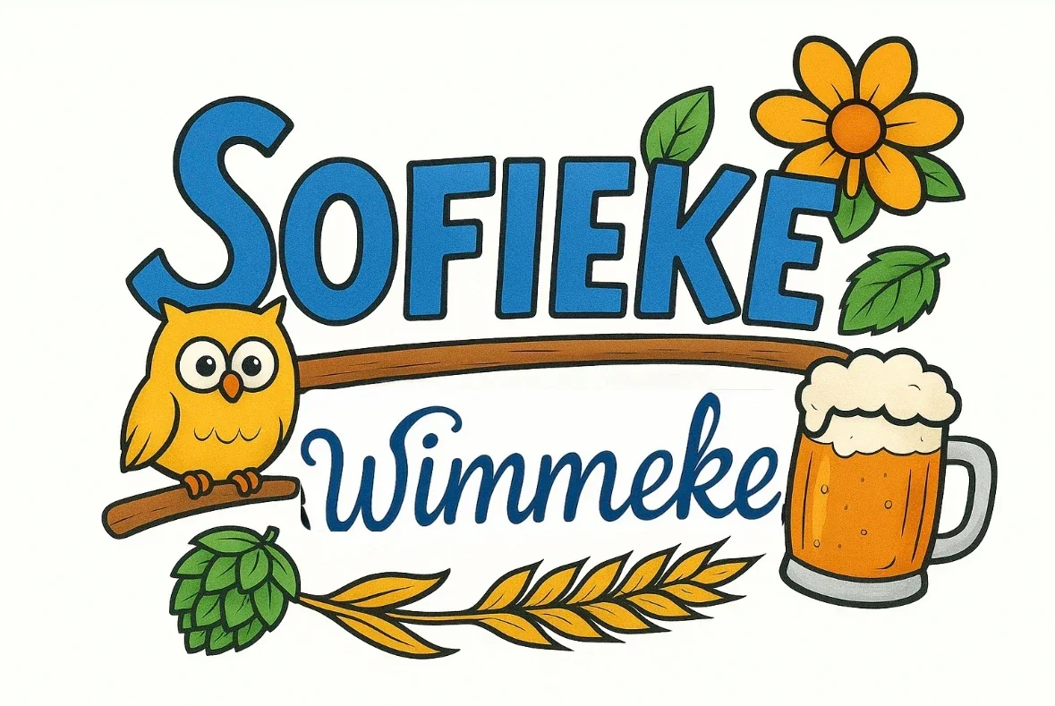 Logo Sofieke en Wimmeke met uil, bloem en bierglas