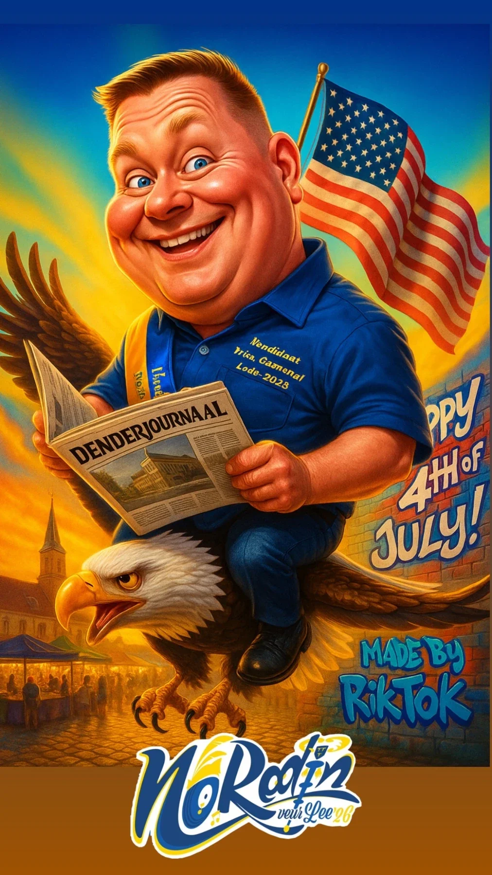 Noredin als cartoon met Amerikaanse vlag en radio