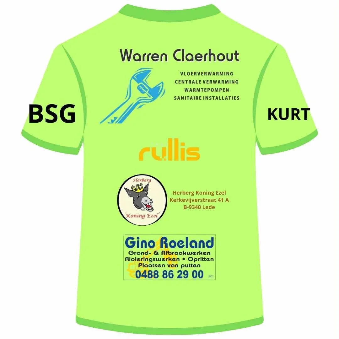 Achterzijde van het groene textielontwerp met sponsors