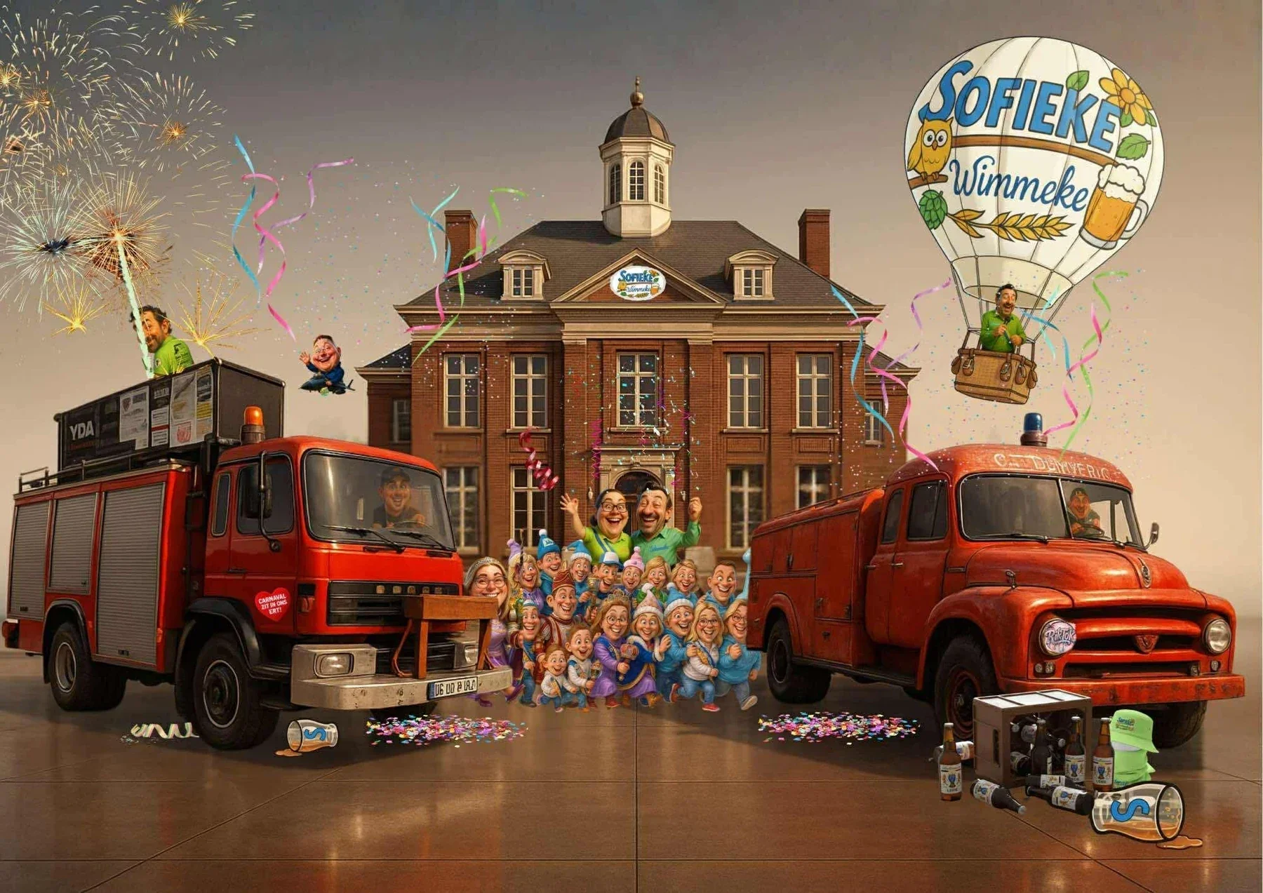 Decorontwerp met gebouw, brandweerwagens en luchtballon