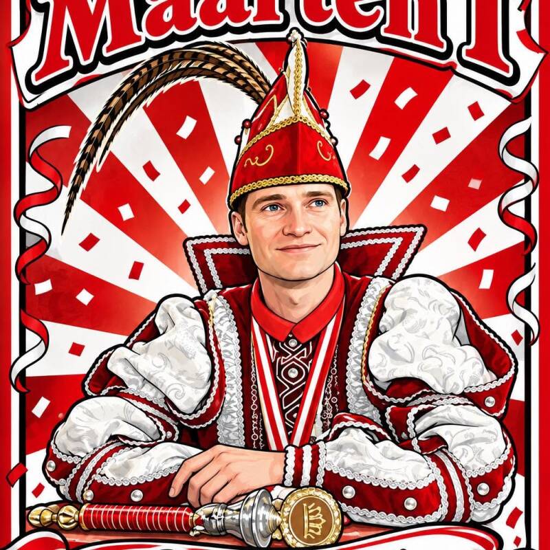 Keizer Maarten I uit Assenede in rood-wit carnavalsornaat