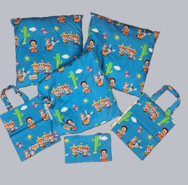 Kinder Set 8 in Blau Siesta Mexico, -Kissen und Kitabeutel