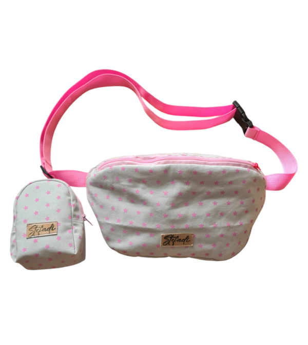 Unikate Hipbag + Minirucksack aus Canvas Grau Motiv Grau-Rosa Sterne verschiedene Modelle , im Set oder Einzeln