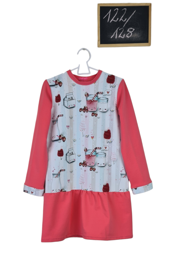 Unikat Kleid aus French Terry Größe 122-128 ,Thema Erdbeertraum bunt Pastell gestreift