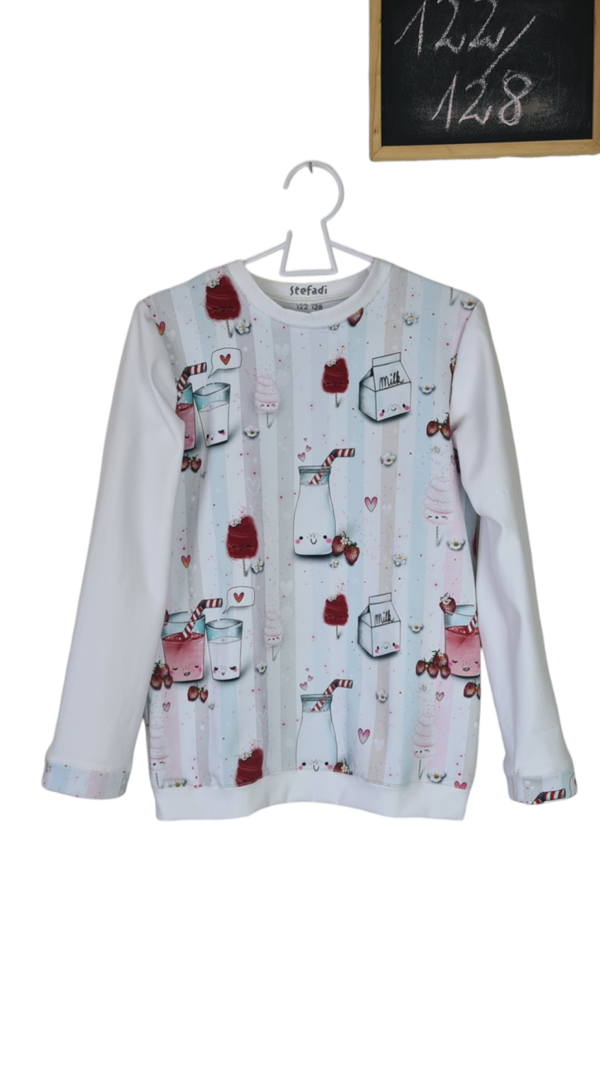 Unikat Pullover Größe 122-128 , Thema Erdbeertraum bunt Pastell gestreift, French Terry