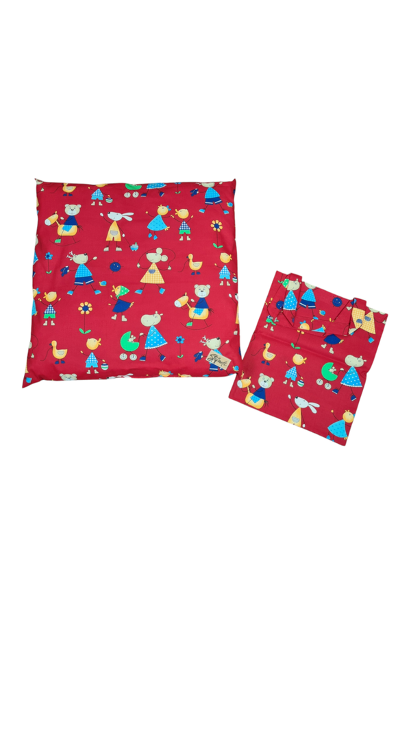 Kinder Set 4 in Rot mit Waldtiere , -Kissen und Kitabeutel