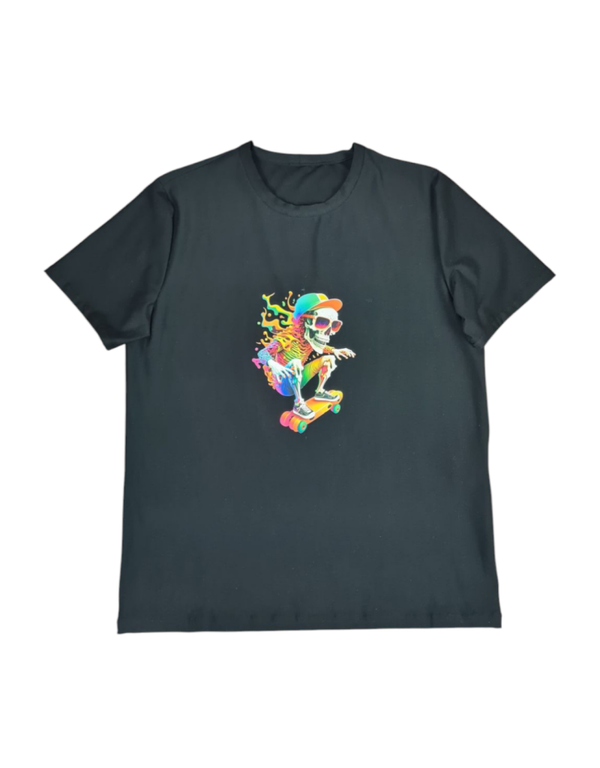 T-Shirt in Schwarz + Neon Skelett Skater Größe L