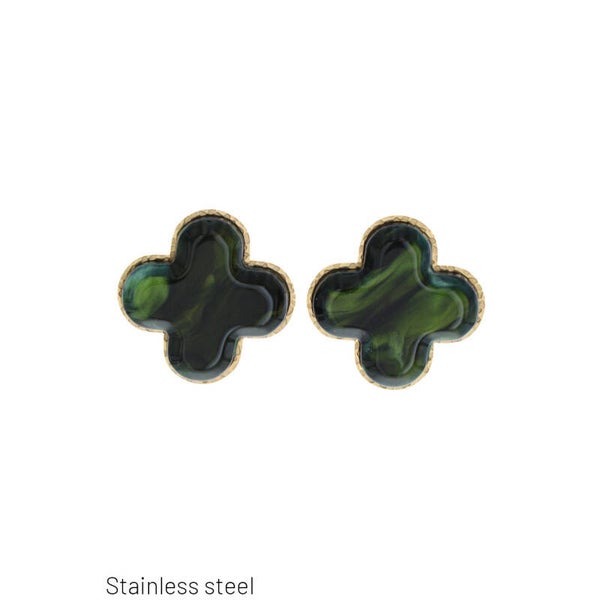 ✨ Emerald Swirl Clover Stud Earrings – Gold Edge ✨