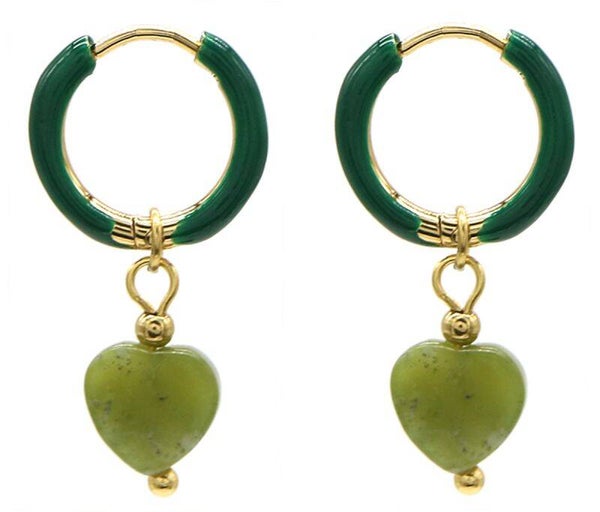 ✨ Green Charm Heart Hoops – Gold Detail ✨