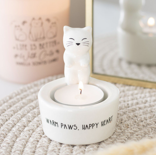 🐾 Warm Paws, Happy Heart – Keramische Kat Theelichthouder 🕯️