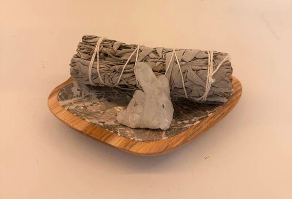 Smudge & bergkristal met abalone schaaltje