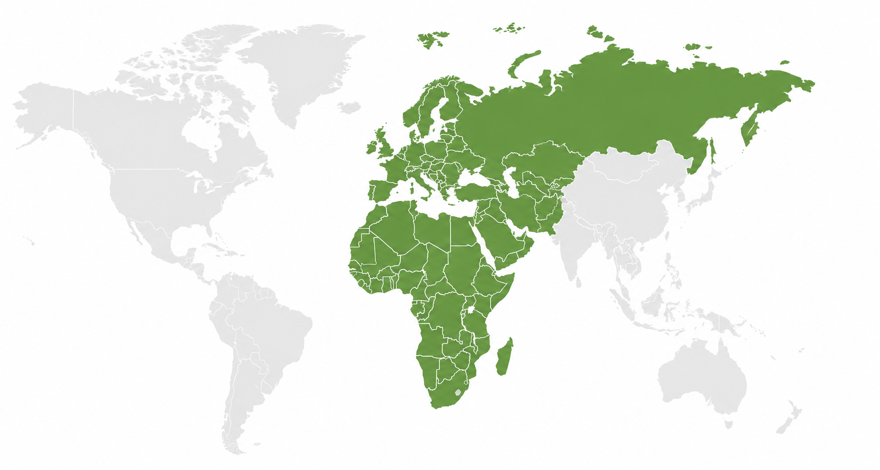 Weltkarte bei dem Europa, Russland, Naher Osten und Afrika grün markiert sind