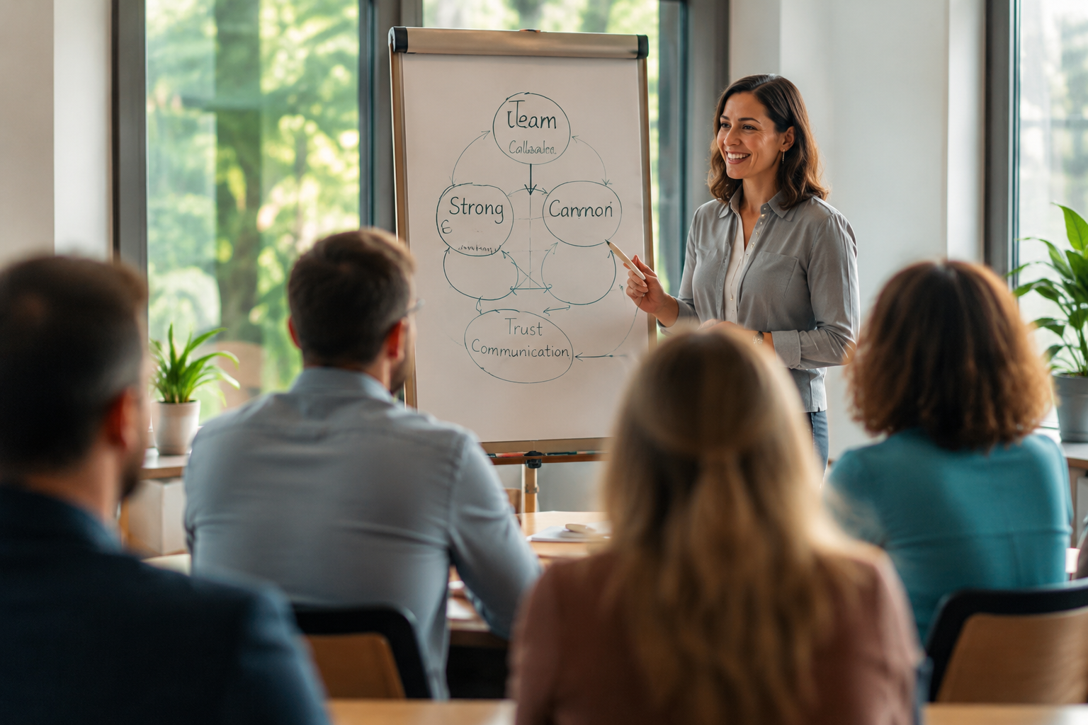 Frau steht an Flip-Chart, Workshop Situation