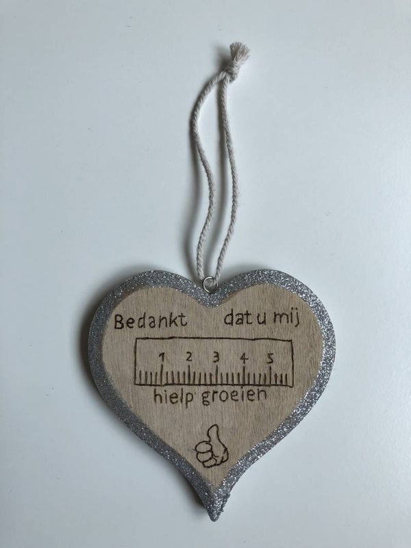 Glitter Hart met gebrande tekst voor juf of meester