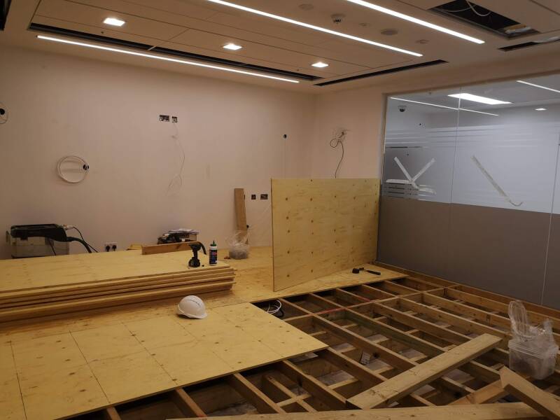 Timber floor structure during commercial fit-out work in East Grinstead