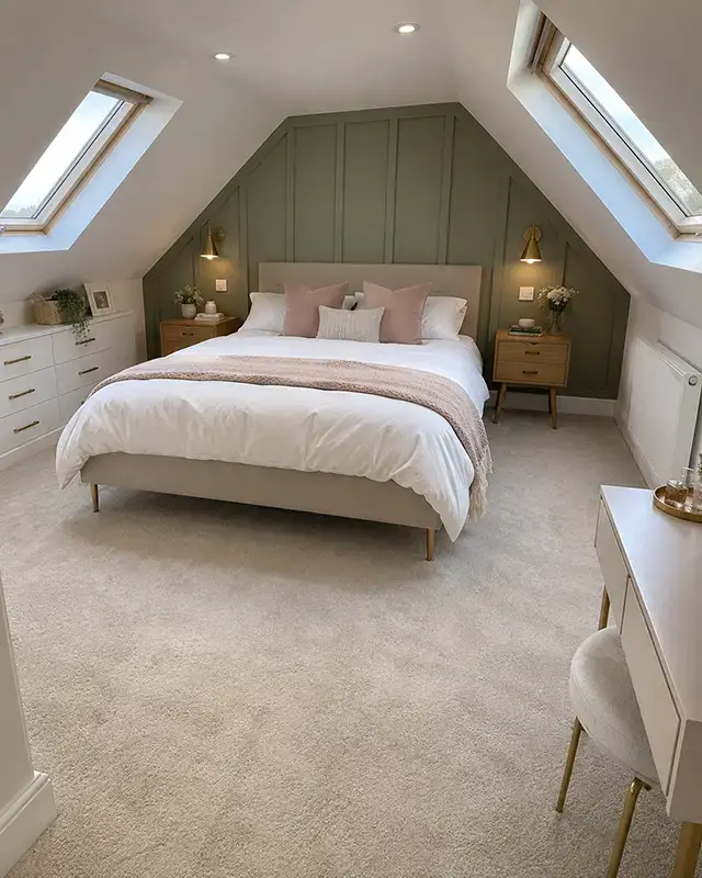 Oxted builder | Loft bedroom with roof windows and a panelled feature wall | Oak & Stone Oxted builder – Loft bedroom with roof windows and a panelled feature wall