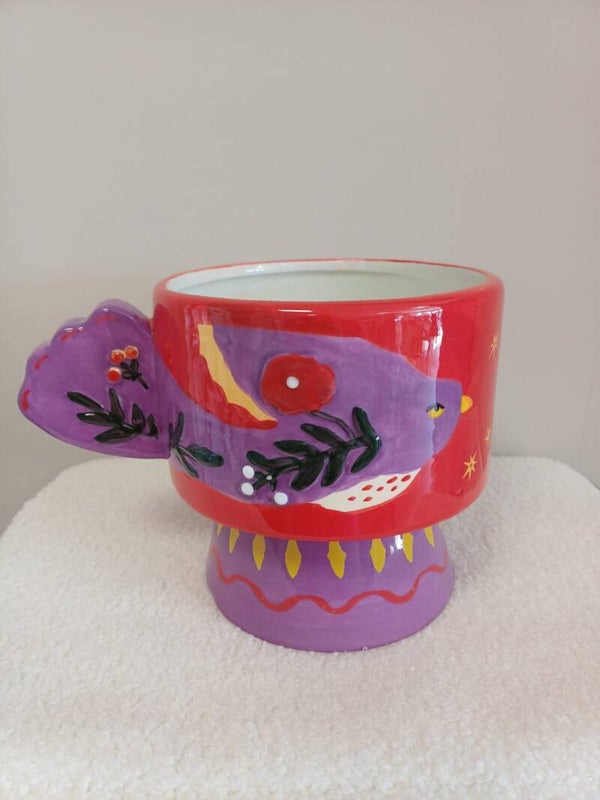 Bloempot "vogel" rood/paars