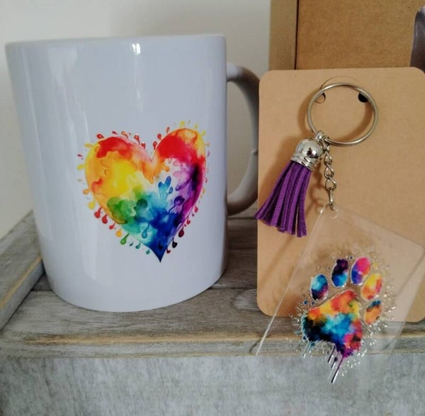 Rainbow Paw Print and Heart Mug and Keyring Set
