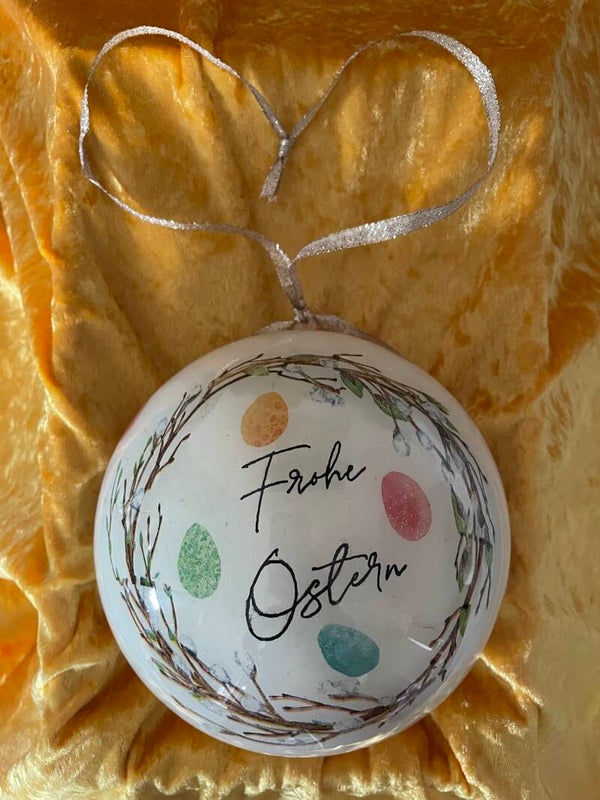 Glückskugel Frohe Ostern mit Eiern und Zweigen