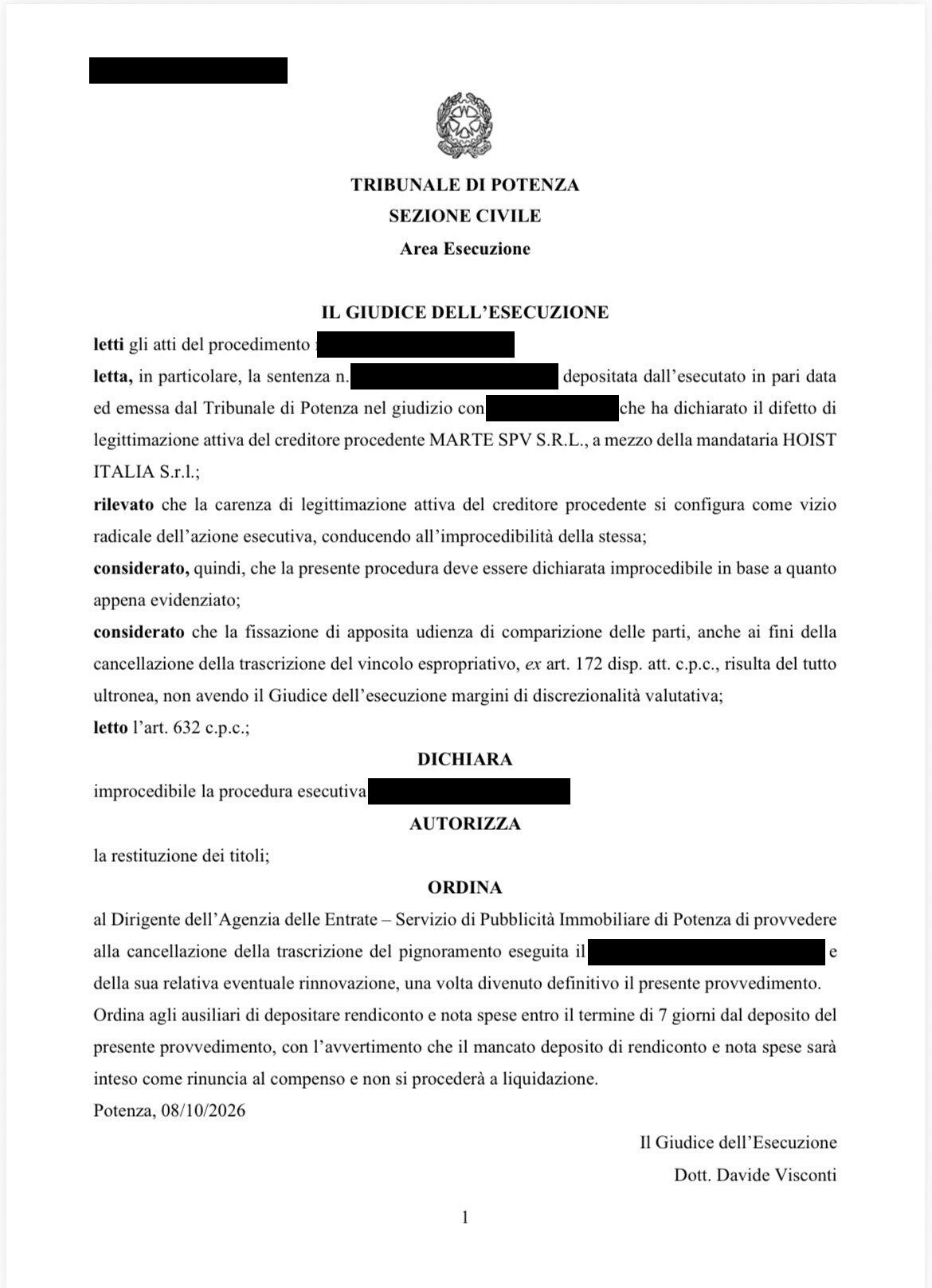 Provvedimento del Giudice dell'Esecuzione del Tribunale di Potenza dell'8 ottobre 2026 che dichiara improcedibile l'esecuzione immobiliare per difetto di legittimazione attiva di MARTE SPV S.r.l. (dati oscurati)