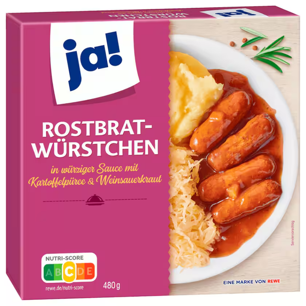 ja! Rostbratwürstchen in würziger Sauce mit Kartoffelpüree und Weinsauerkraut 480g