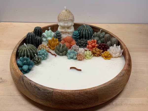 Cactus collectie Budha in houten schaal