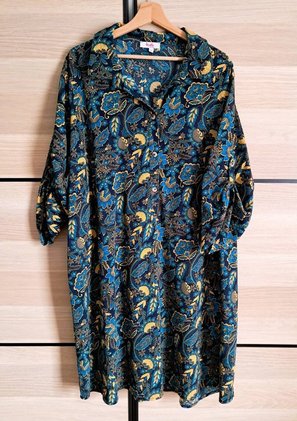 VERKOCHT! Jurk blauw/geel bloem