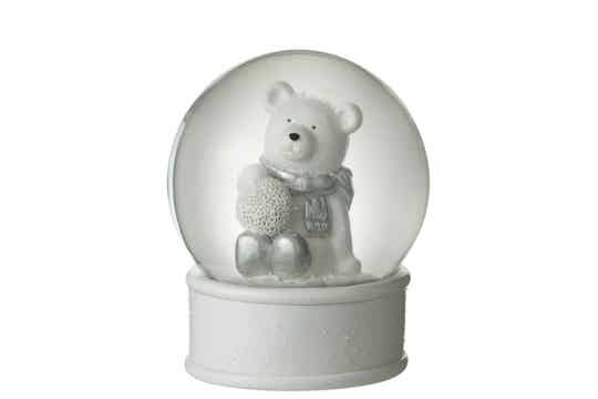 Sneeuwbol | Ijsbeer met das | Wit en zilver | J-Line | Ø 10cm, H: 13 cm