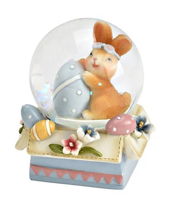 🐰 Paas Sneeuwbol met Speelse Paashaas en Blauw Ei – Betoverende Decoratie