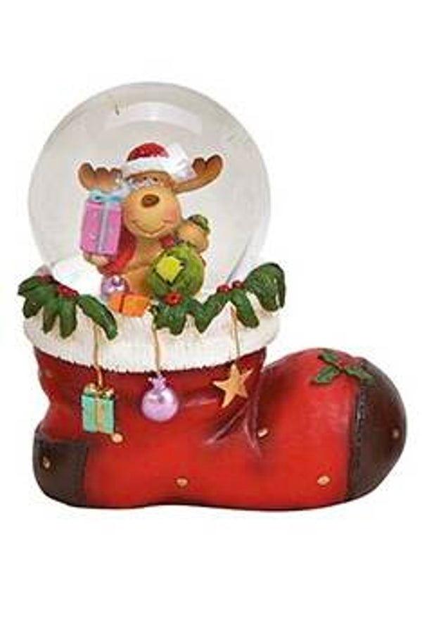 Snow globe rendier met cadeaus op laars