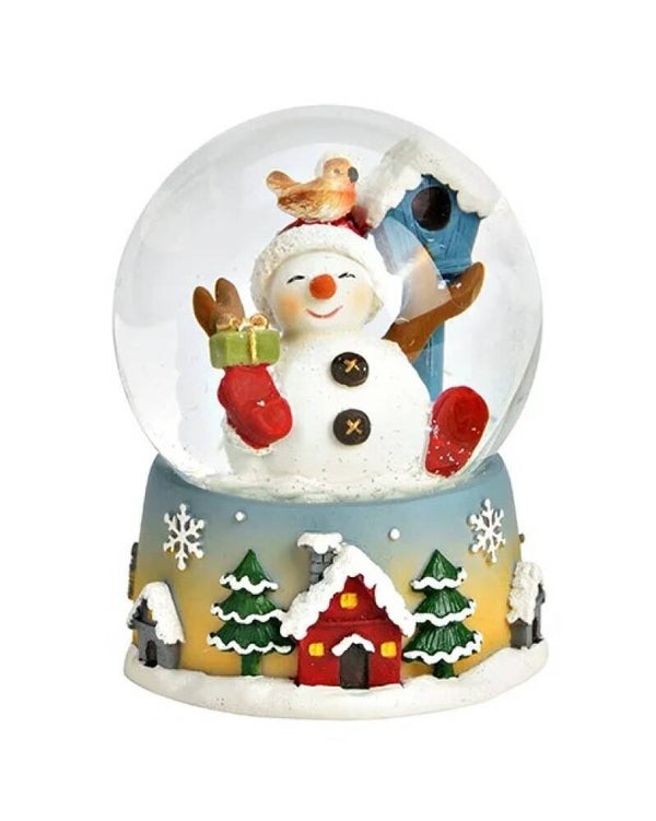 Sneeuwbol vrolijke sneeuwpop met vogeltje en vogelhuisje