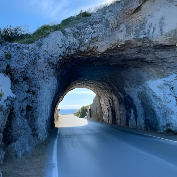 Küstenstraße mit Felstunnel in Kalabrien – atmosphärische Fotografie als digitaler Download
