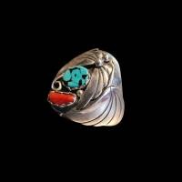 Original Navajo Ring aus Sterling Silber mit Türkis und Koralle – Vintage Liebhaberschmuck