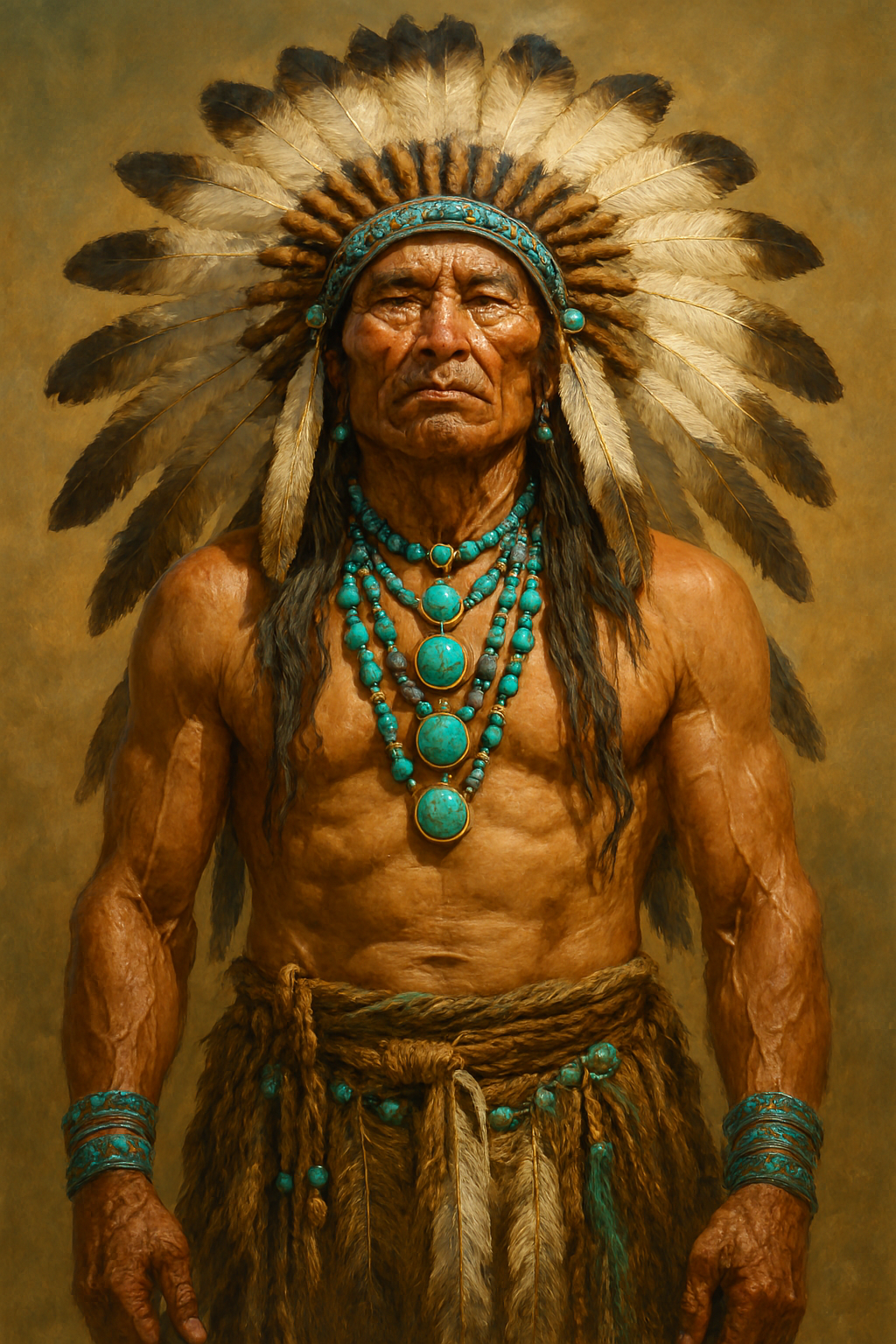 Stolzer Häuptling – Fotokunst mit Türkis-Schmuck | Digitaler Kunstdruck A1