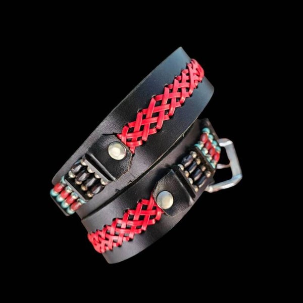 Ledergürtel, Buckle-Gürtel, mit Flechtung sowie Hairpipes-Besatz,(GÜ 29)